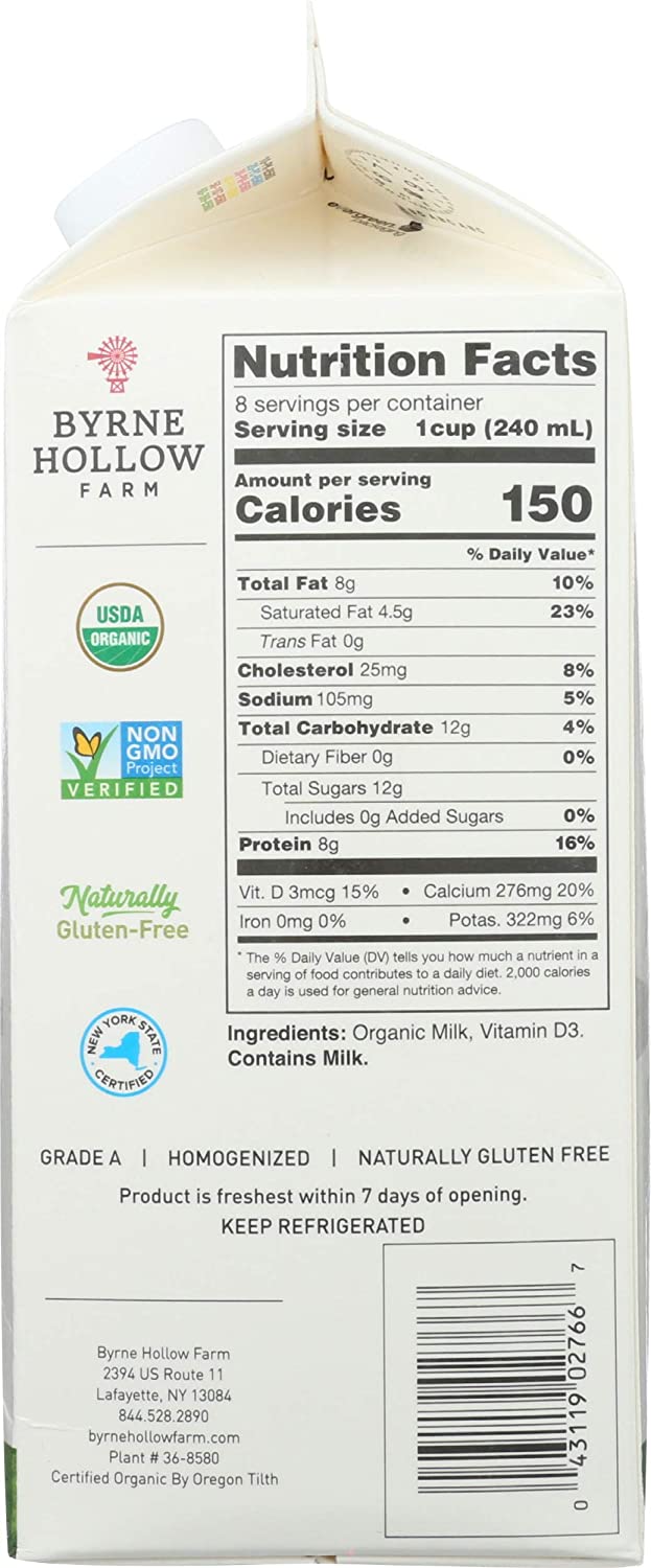 Byrne Hollow Farm Organic Milk Whole, 64 FZ Half Gallon ( 6 Pack )